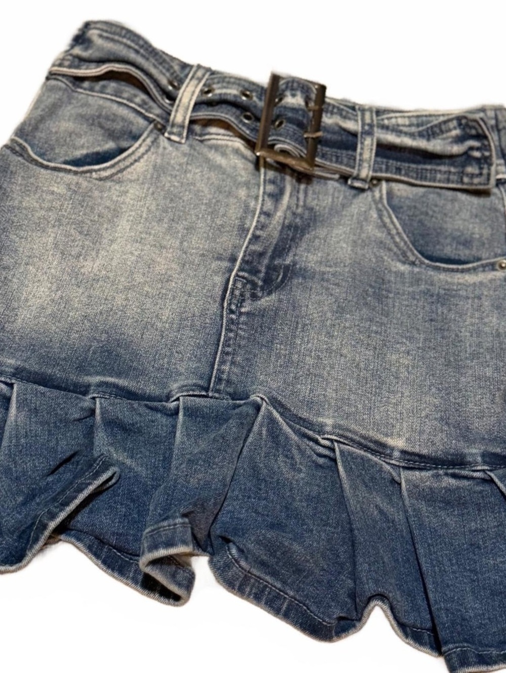 Sexy Fabulous Jeans Size 1 Blue Denim Ruffle Mini Skirt Belted Y2K Skort